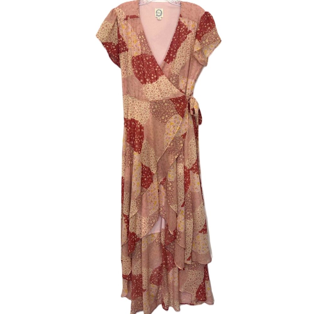 Blue Rain Francesca's Madonna Floral Patchwork Wrap Maxi Dress Pink Boho Large